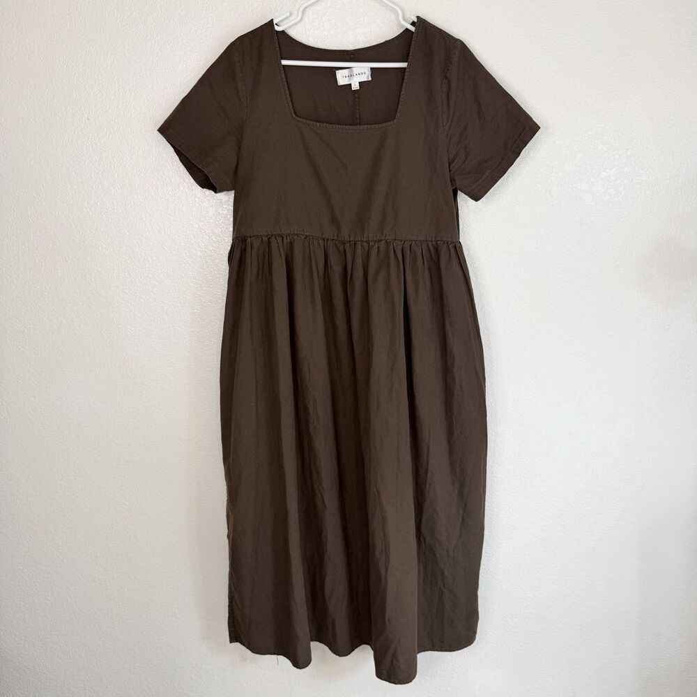 Tradlands Nico Square Neck Midi Dress LARGE Brown Linen Cotton Boho Cottagecore